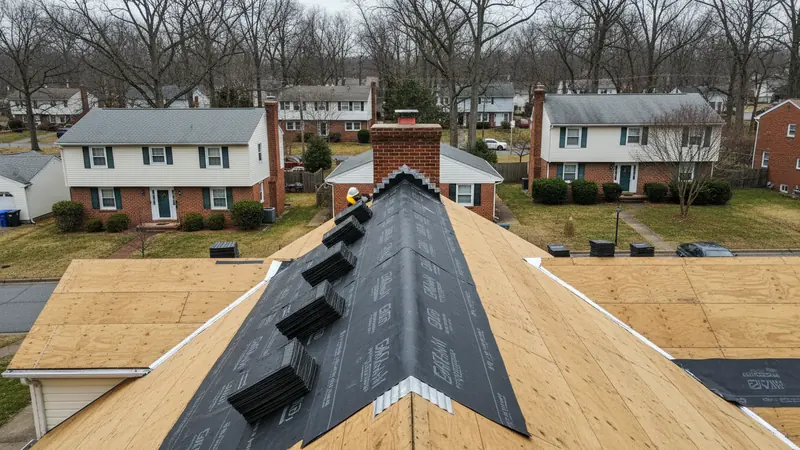 A slope stripped to the decking with new underlayment run out and flashing at the chimney Roofing work in Howard County, MD.